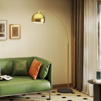 Lampadaire arc métal doré E27 40 W, vue d'ensemble du luminaire allumé jeu de lumière naturel