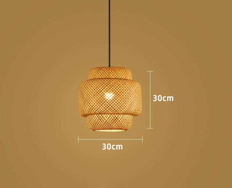 Lustre lanterne rotin bambou tressé E27 30 cm, vue rapprochée de la structure jeu de lumière naturel