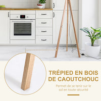 Lampadaire trépied scandinave bois E27 40 W beige, ambiance soir au-dessus d'une table ambiance chaleureuse