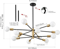 Lustre 10 branches doré, ampoules à filament installées