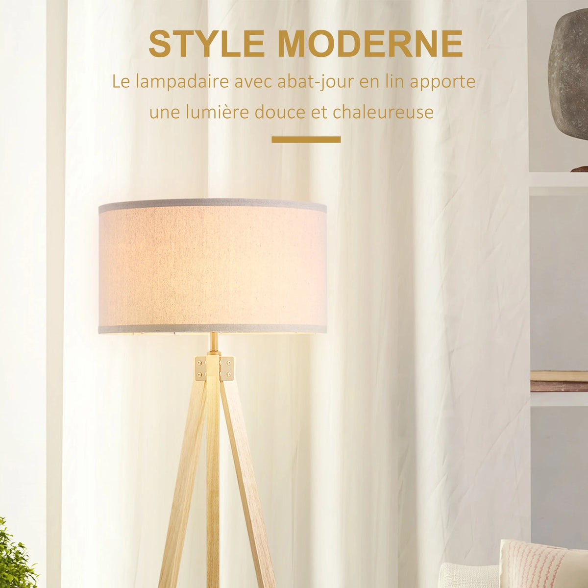 Lampadaire trépied scandinave bois E27 40 W beige, détail de la finition et du matériau