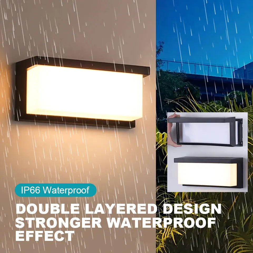 Applique murale extérieure LED capteur mouvement IP65, vue d'ensemble du luminaire allumé jeu de lumière naturel