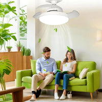Ventilateur de plafond LED E27 télécommande variateur, vue d'ensemble du luminaire allumé jeu de lumière naturel
