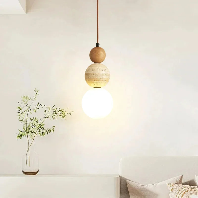 Lustre cream pierre bois Bauhaus E14, détail du diffuseur lumineux