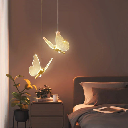 Suspension papillon LED dorée 2 branches, salle à manger contemporaine