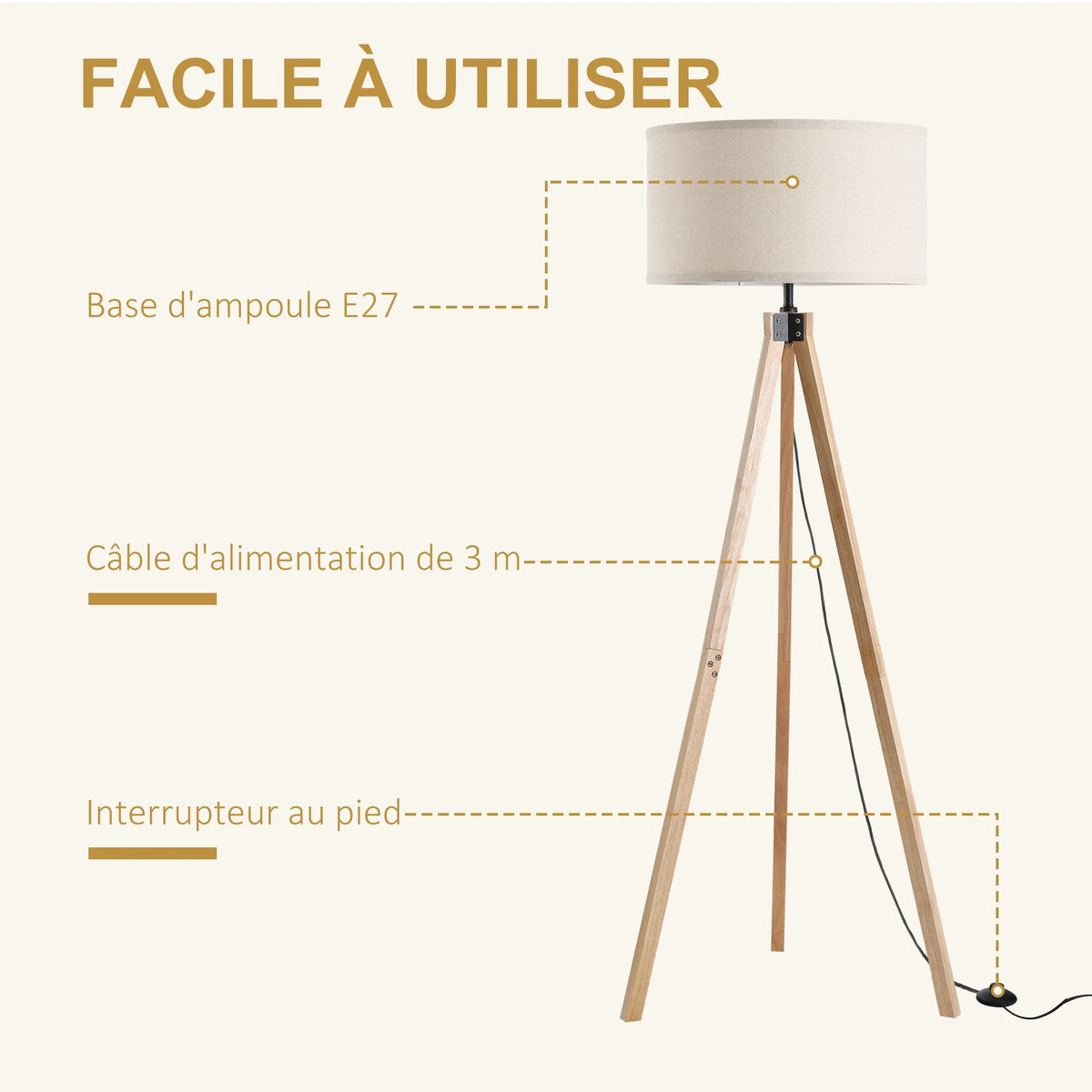 Lampadaire trépied scandinave bois E27 40 W beige, détail du diffuseur lumineux