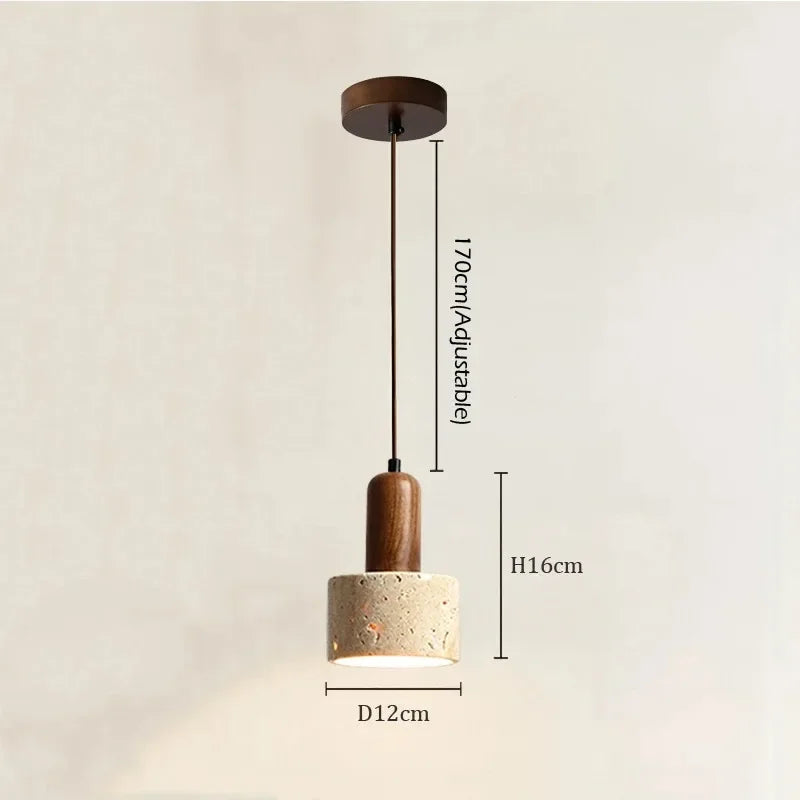 Suspension wabi-sabi pierre travertin E27 cuisine, détail du diffuseur lumineux