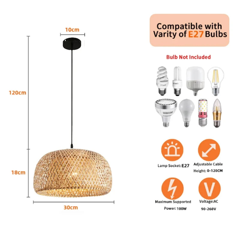 Lustre lanterne rotin bambou tressé E27 30 cm, vue trois quarts du luminaire éteint jeu de lumière naturel