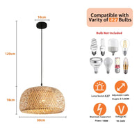 Lustre lanterne rotin bambou tressé E27 30 cm, vue trois quarts du luminaire éteint jeu de lumière naturel