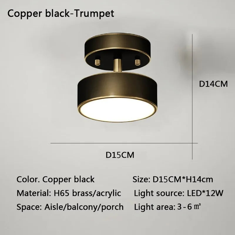 Plafonnier LED cuivre nordique, vue d'ensemble du luminaire allumé