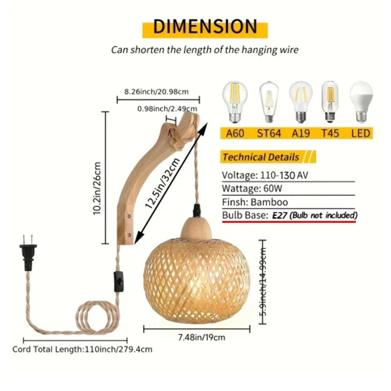 Applique murale lanterne rotin bambou tressée E27, détail du diffuseur lumineux