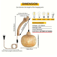 Applique murale lanterne rotin bambou tressée E27, détail du diffuseur lumineux
