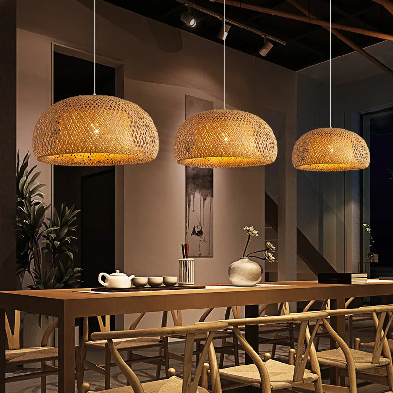 Lustre lanterne rotin bambou tressé E27 30 cm, détail de la finition et du matériau