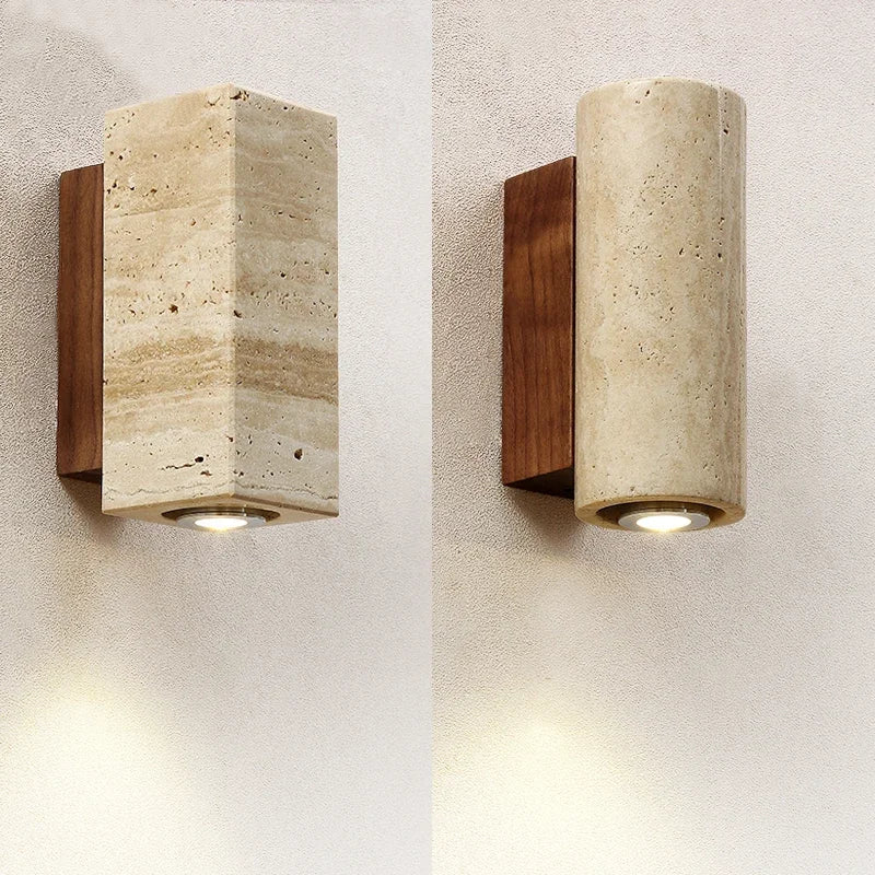 Applique murale wabi-sabi marbre travertin LED, détail de la finition et du matériau
