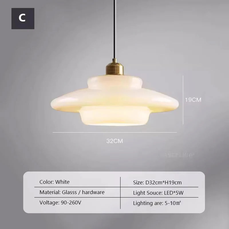 Suspension verre crème E27 antique tête unique 16 cm, vue d'ensemble du luminaire allumé