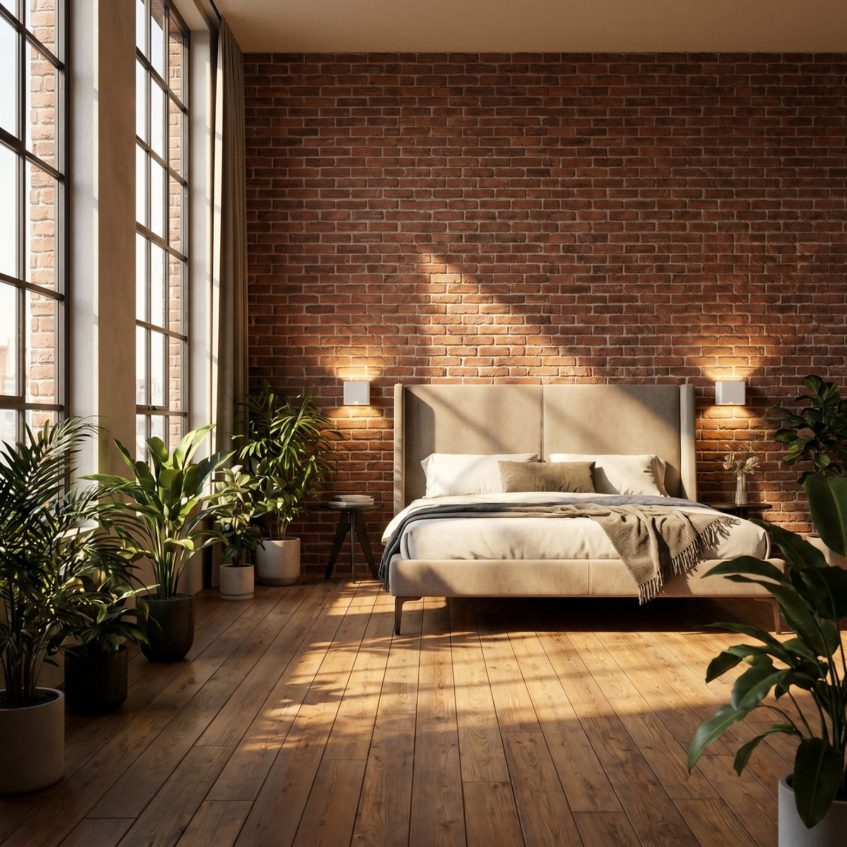 Applique murale LED détecteur de mouvement coloris blanc, dans un loft baigné de soleil, allumée
