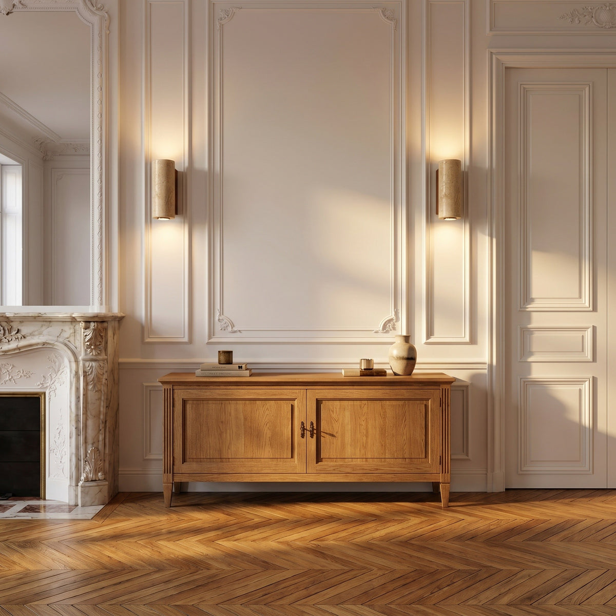 Applique Monolithe, dans un appartement haussmannien, allumée
