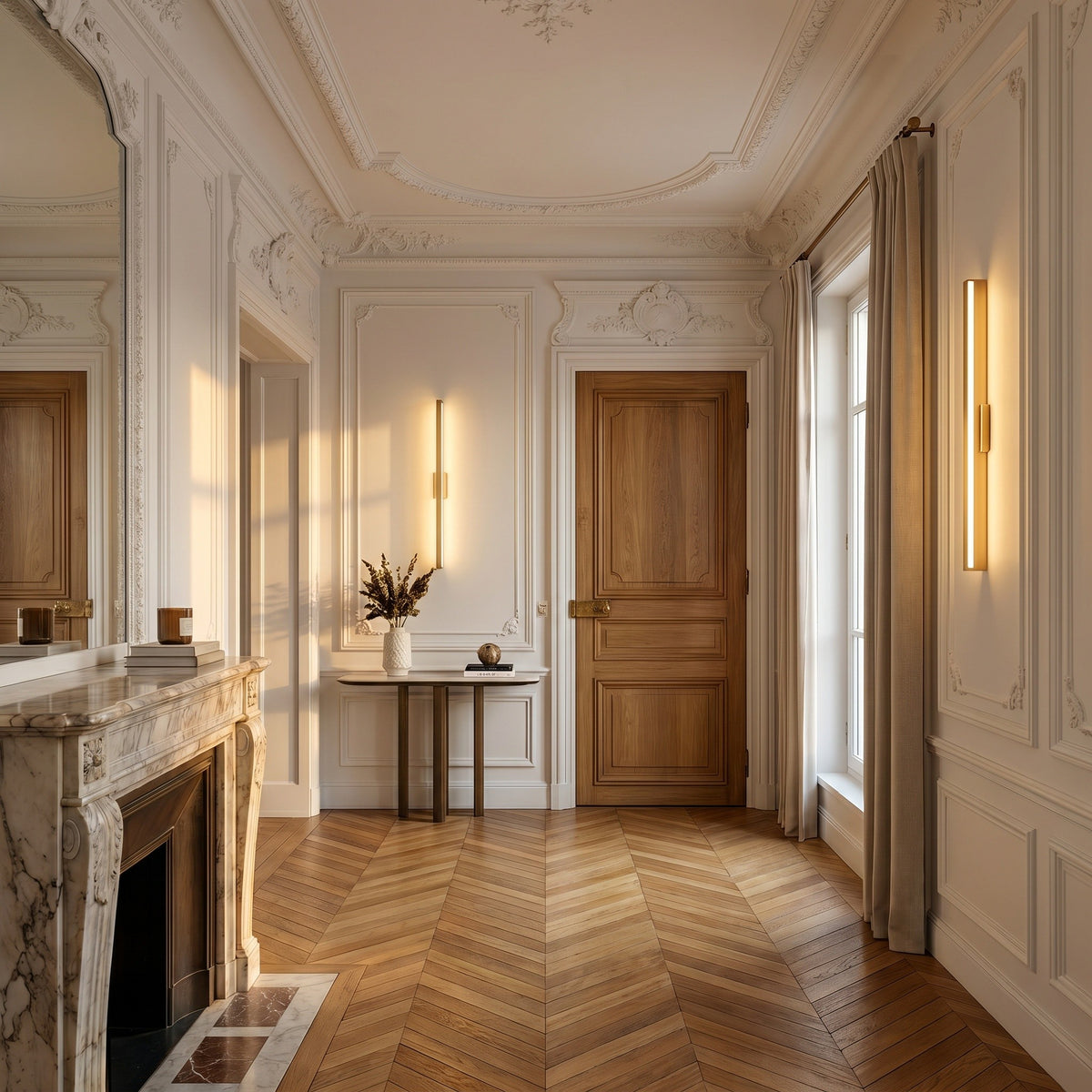 Applique Trait coloris doré, dans un appartement haussmannien, allumée