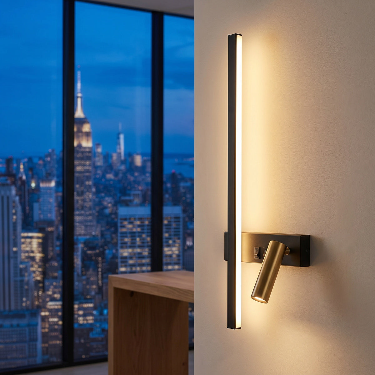 Applique Liseuse, dans un penthouse new-yorkais au crépuscule, allumée