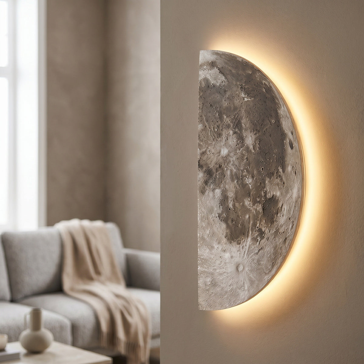 Applique Lune coloris galilée, dans un intérieur lumineux, allumée