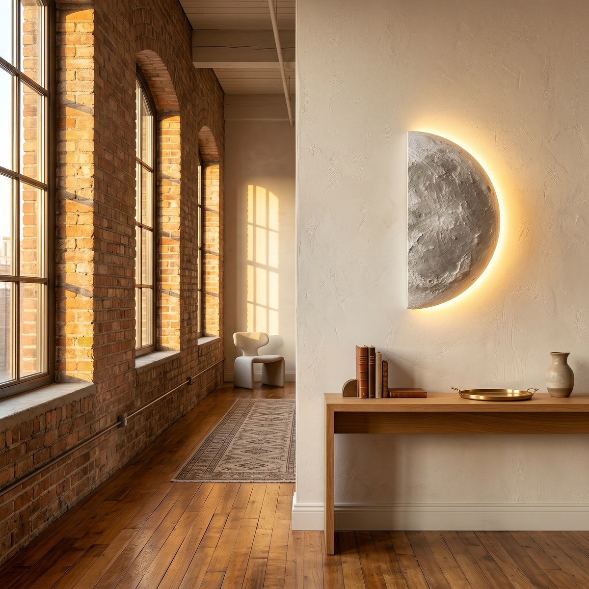 Applique Lune coloris sélène, dans un loft de brique élégant, allumée