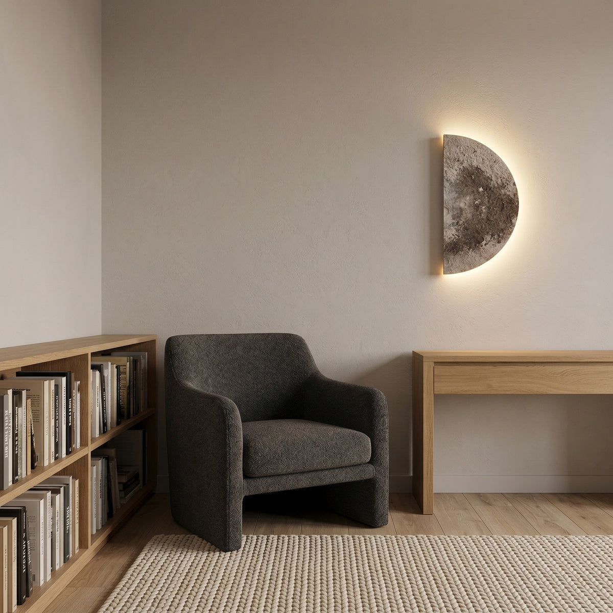 Applique Lune coloris sirocco, dans un coin lecture cosy, allumée