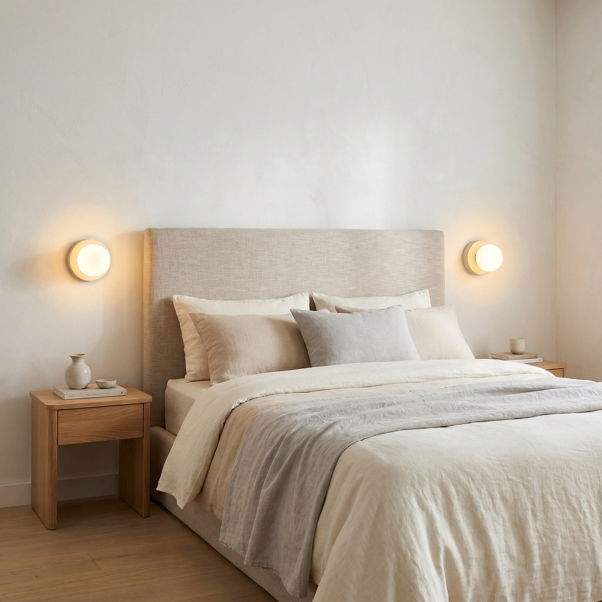 Applique Macaron coloris blanc, dans un intérieur lumineux, allumée