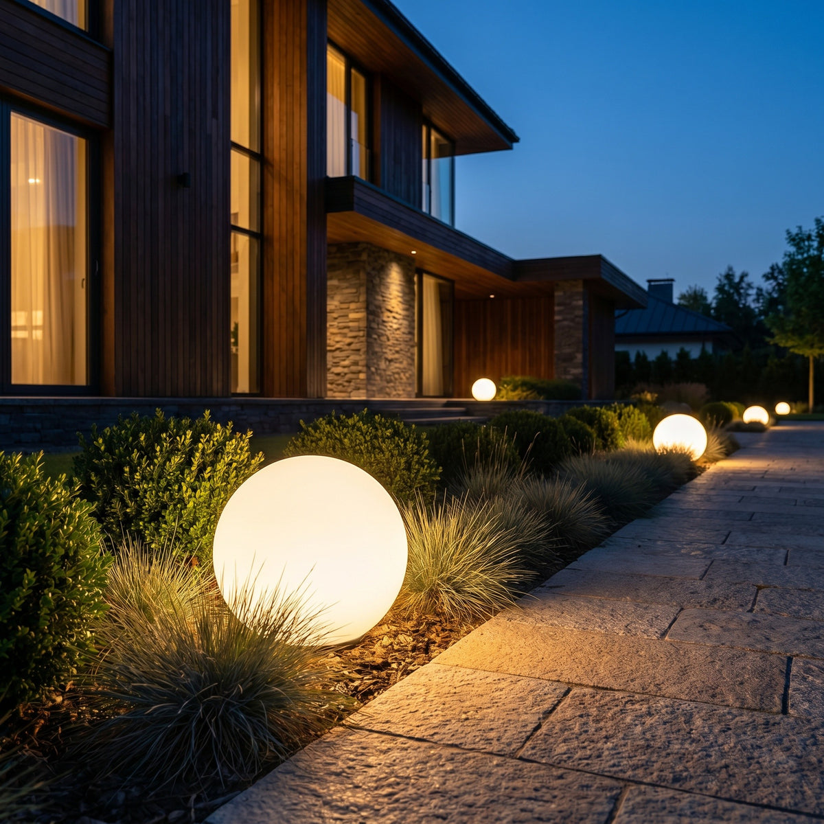Boule lumineuse extérieure LED RGBW, à l'extérieur au crépuscule, allumée