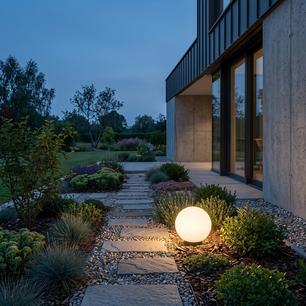 Boule lumineuse extérieure LED RGBW, à l'extérieur au crépuscule, allumée