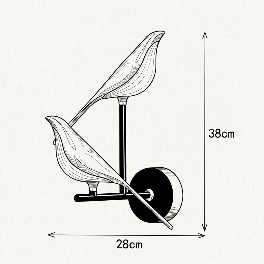 Croquis dimensions : Applique murale scandinave en métal doré (2 oiseaux)