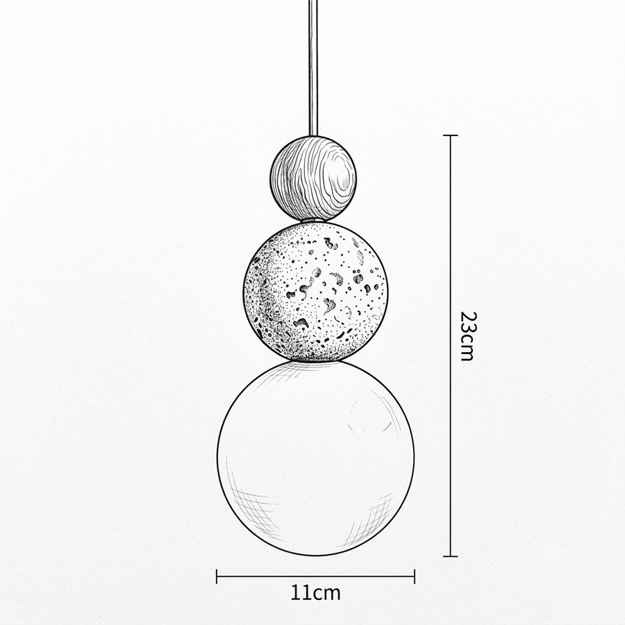 Croquis dimensions : Lustre bois et pierre moderne