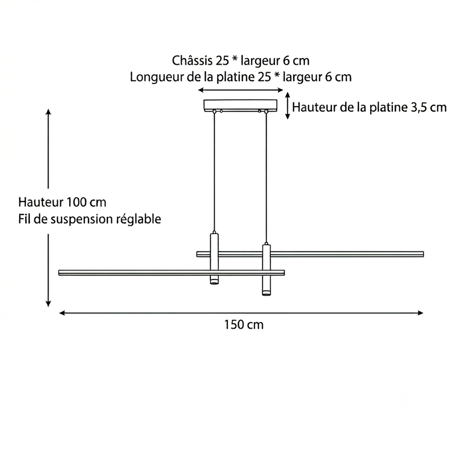 Croquis dimensions : Suspension aluminium industriel (150 cm)
