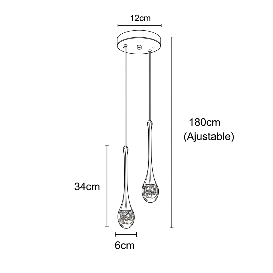 Croquis dimensions : Suspension cristal soufflé et métal (2 branches)
