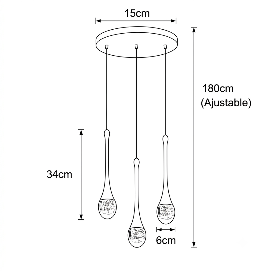 Croquis dimensions : Suspension cristal soufflé et métal (3 branches)