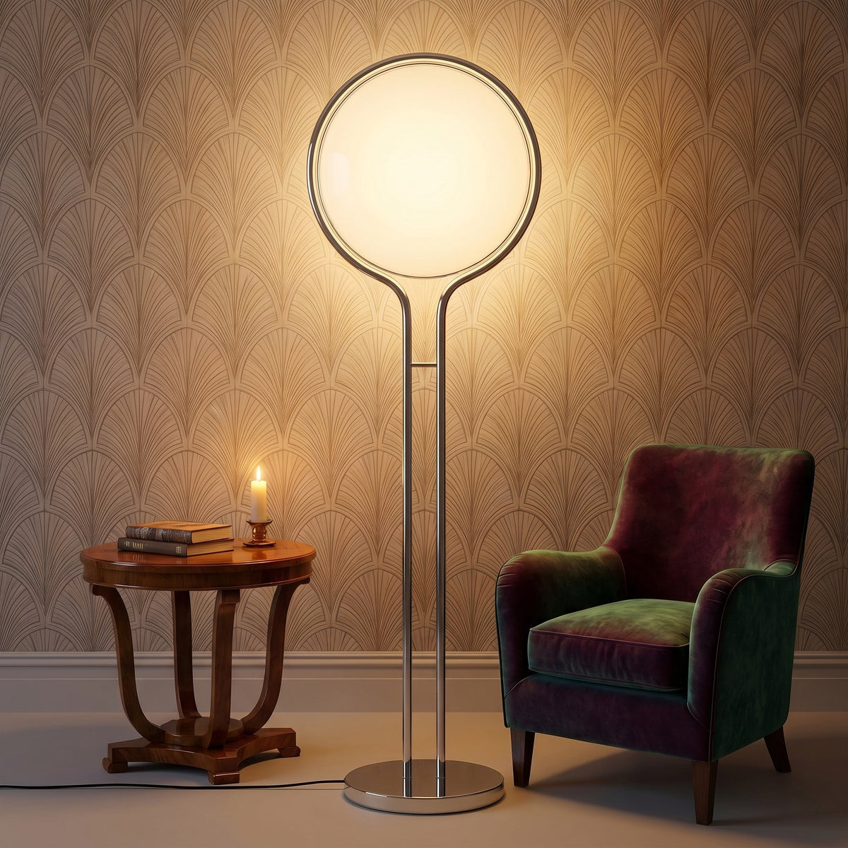 Lampadaire Perle coloris blanc opalin, à la bougie le soir, allumée