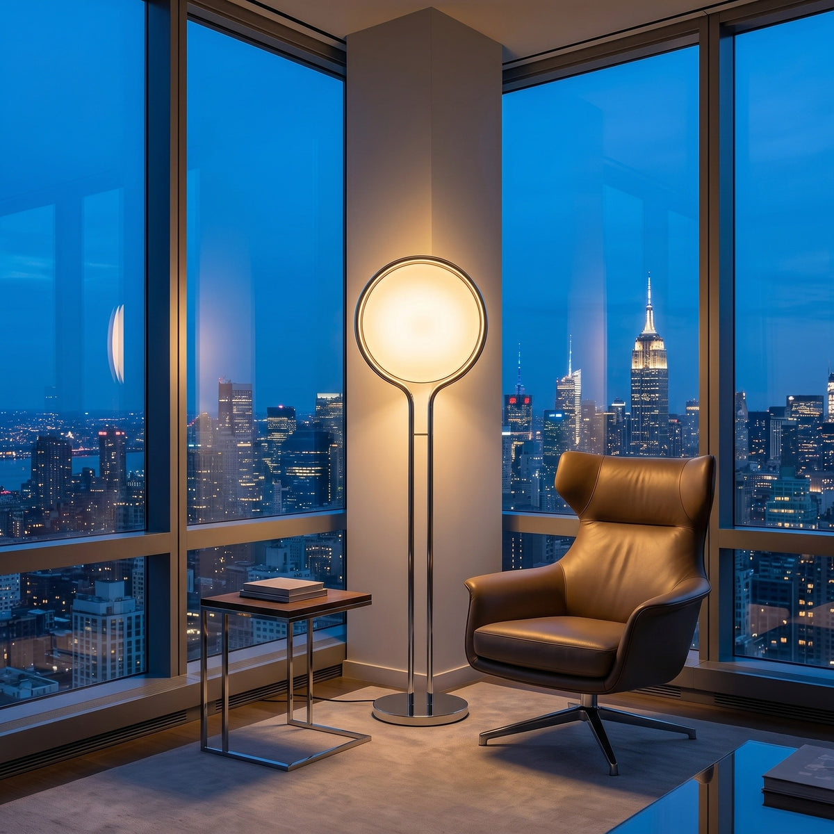 Lampadaire Perle coloris jaune ambré, dans un penthouse new-yorkais au crépuscule, allumée