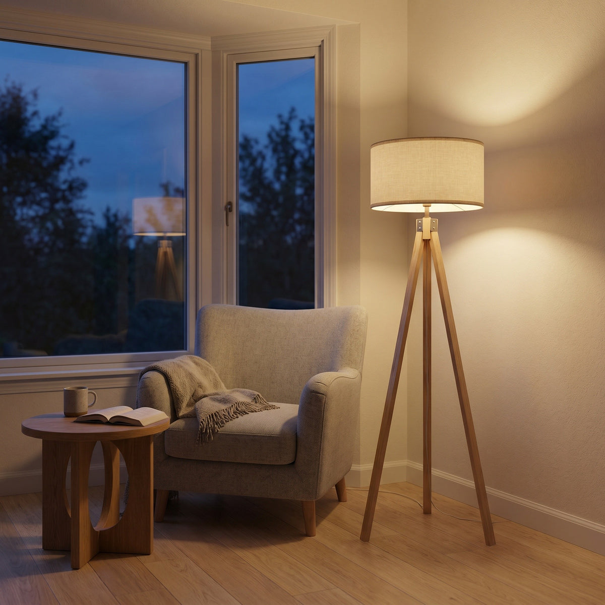 Lampadaire Trépied, à la tombée de la nuit, cosy, allumée