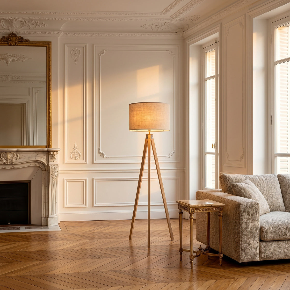 Lampadaire Trépied, dans un appartement haussmannien, allumée