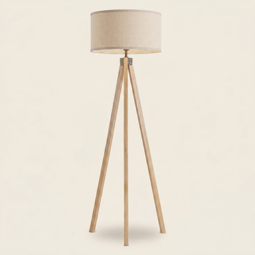 Lampadaire trépied en bois clair avec abat-jour tambour en lin beige