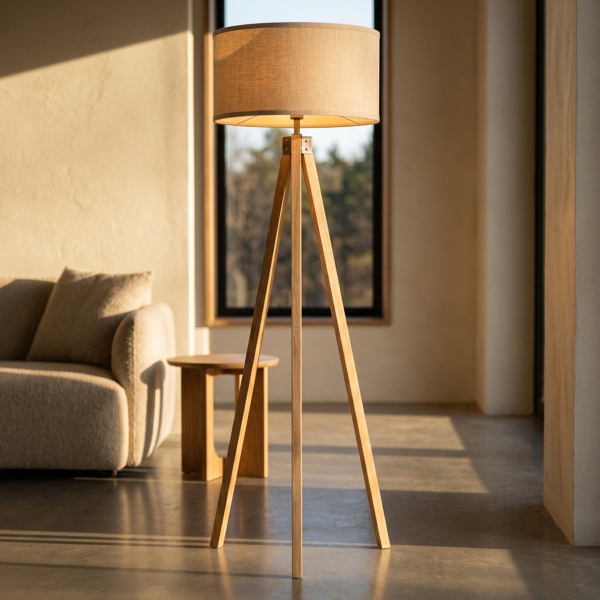 Lampadaire Trépied, à l'heure dorée, allumée