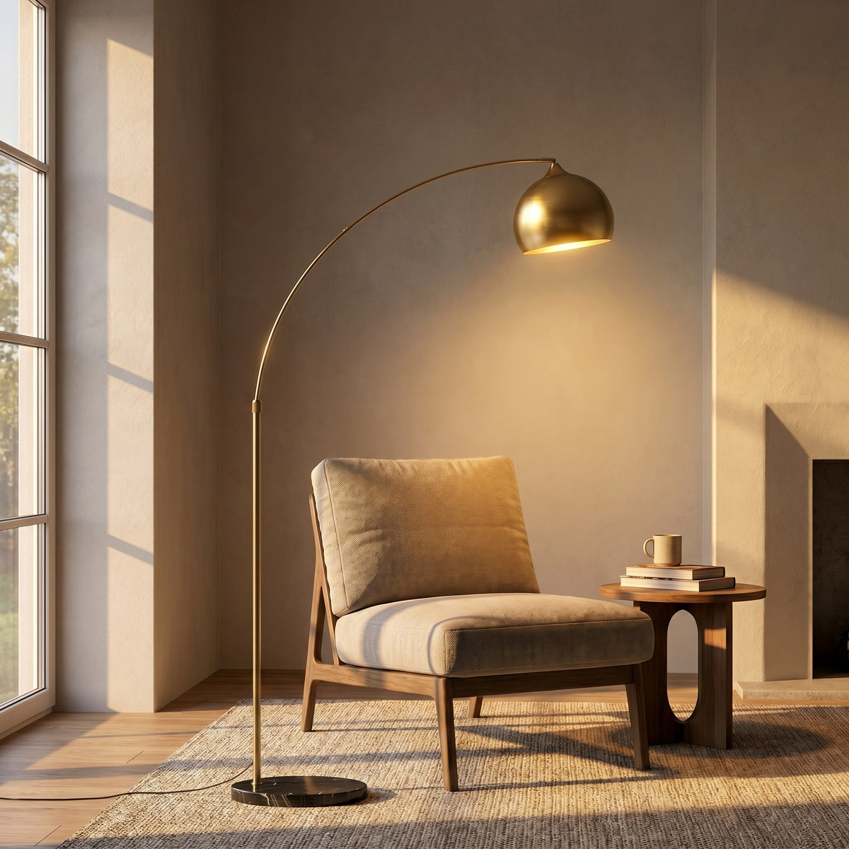Lampadaire Comète, à l'heure dorée, allumée