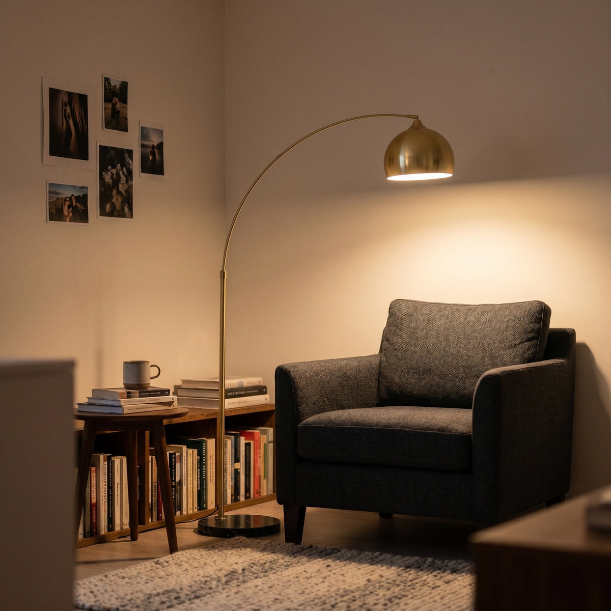 Lampadaire Comète, dans un coin lecture cosy, allumée