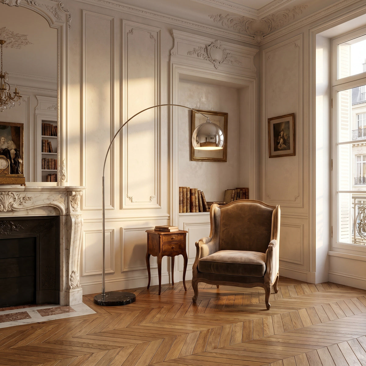 Lampadaire Arceau, dans un appartement haussmannien, allumée