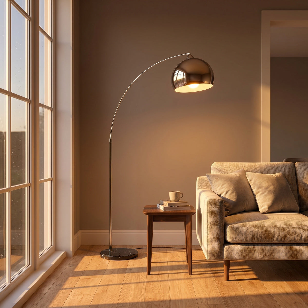 Lampadaire Arceau, à l'heure dorée, allumée