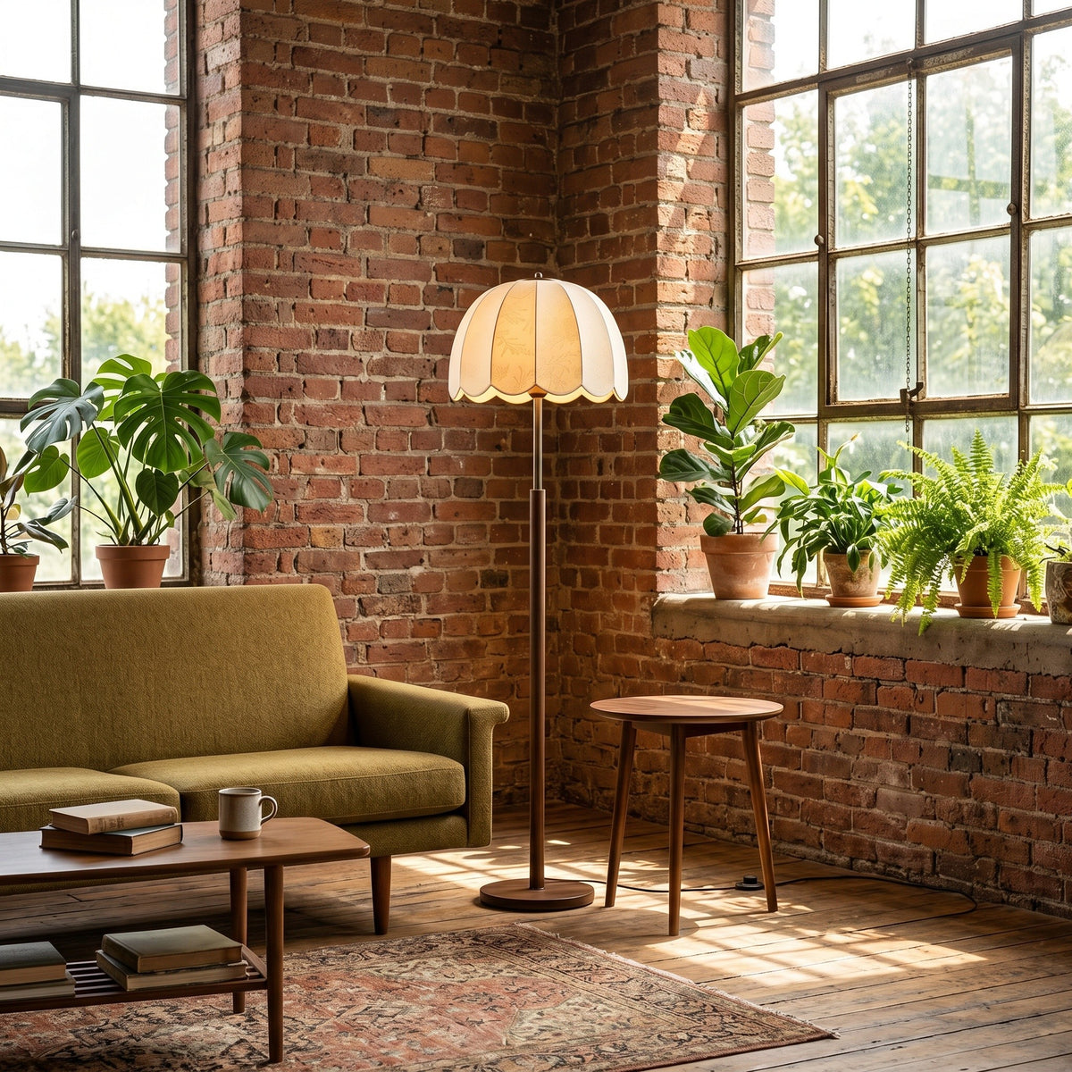 Lampadaire Corolle, dans un loft baigné de soleil, allumée