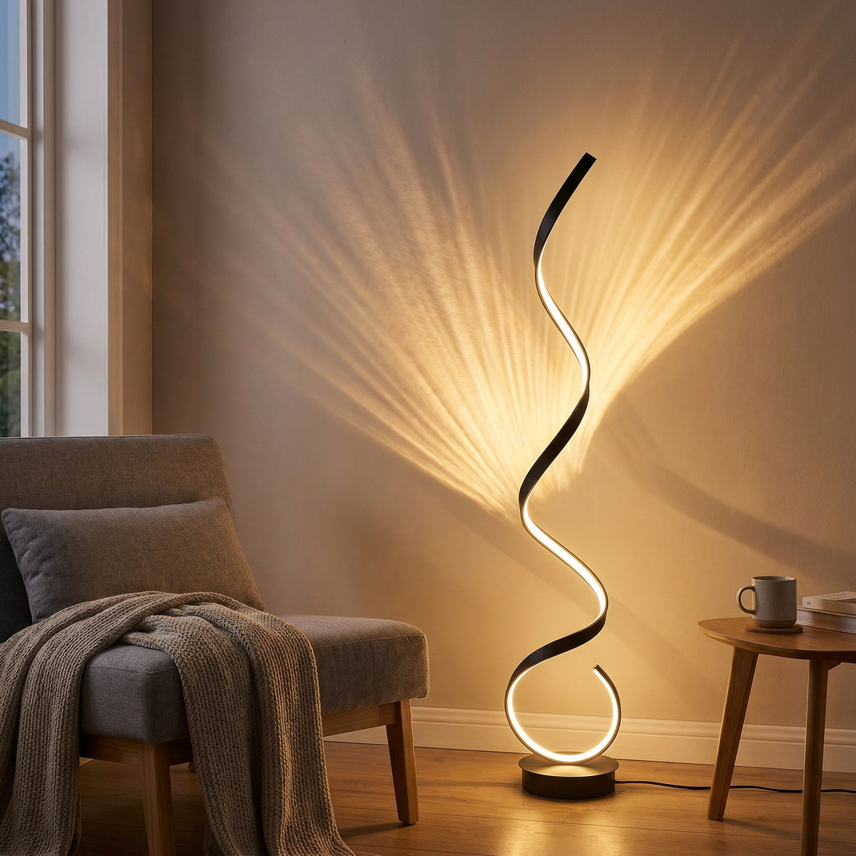 Lampadaire Spirale coloris noir, avec un jeu de lumière au mur, allumée