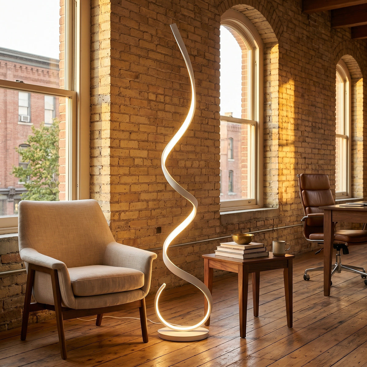 Lampadaire Spirale coloris blanc, dans un loft de brique élégant, allumée