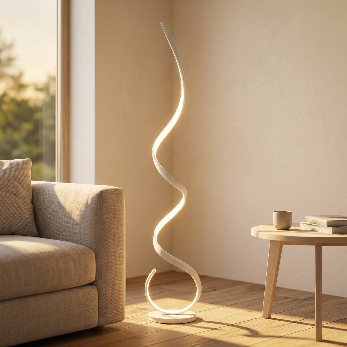 Lampadaire Spirale coloris blanc, à l'heure dorée, allumée