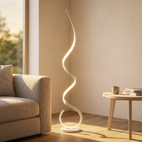 Lampadaire Spirale coloris blanc, à l'heure dorée, allumée