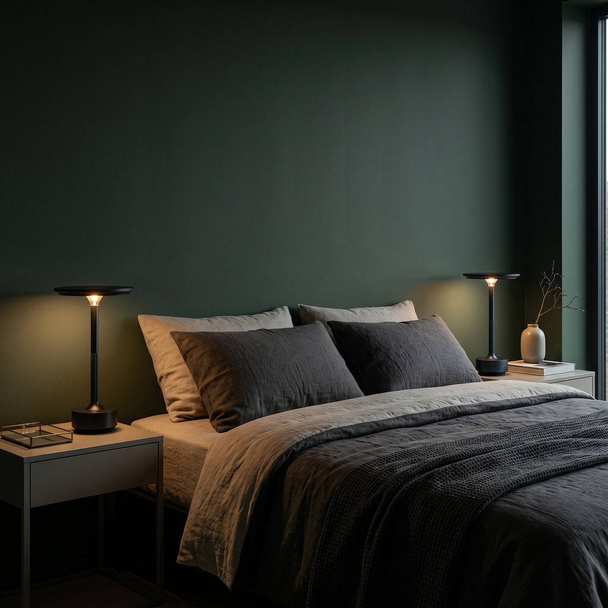 Lampe Totem, en lueur sur un mur profond, allumée